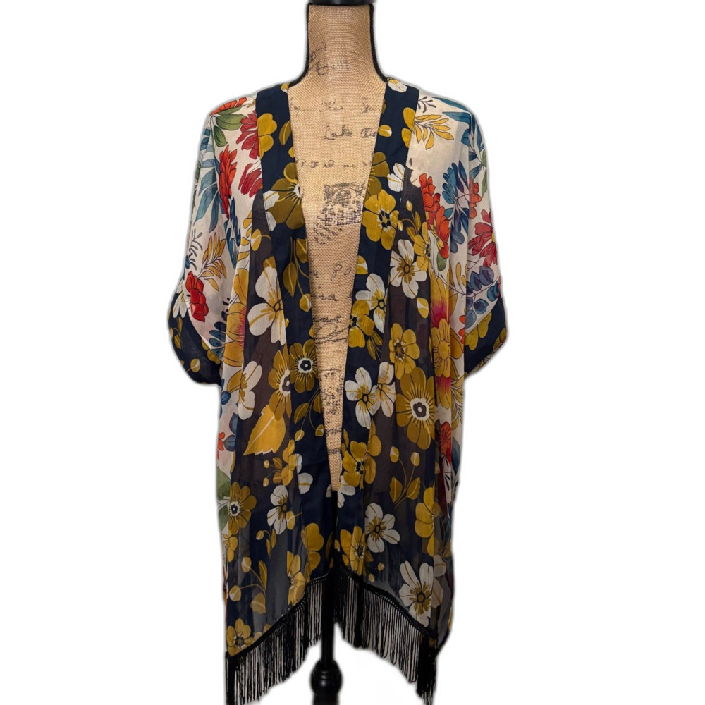 SO Brand Floral Kimono Cardigan Navy Blue Yellow Boho Fringe Sheer One Size
